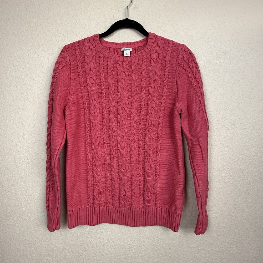 L.L. Bean Women's Cable Knit Sweater Pink Crew Neck Fisherman Preppy Coastal M